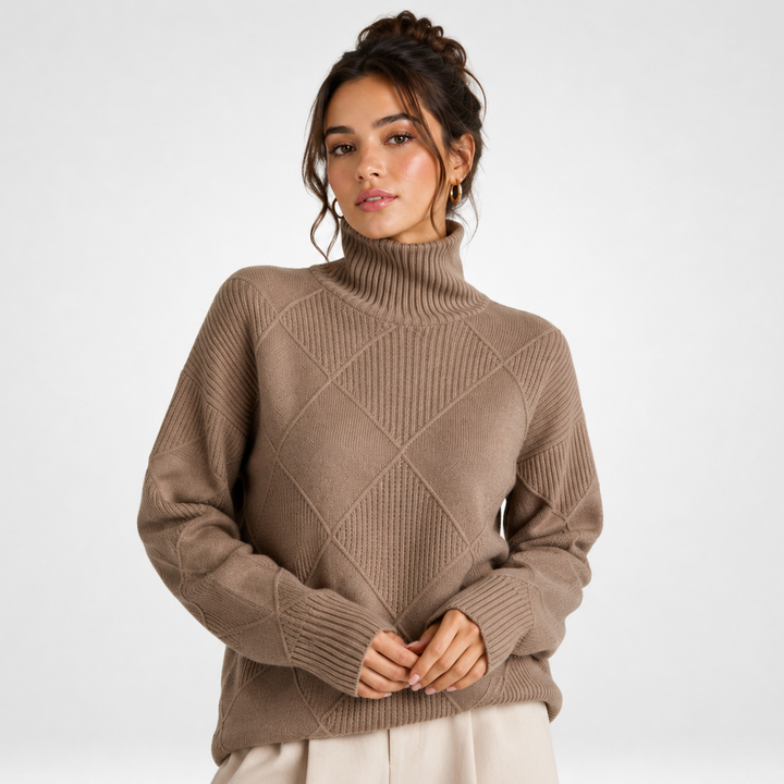 Stylowy sweter damski z golfem, detale wykończenia