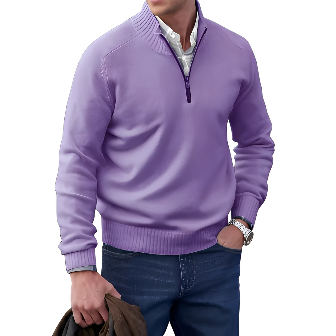 Modny sweter męski z zamkiem casual, stylizacja z kołnierzem stójką