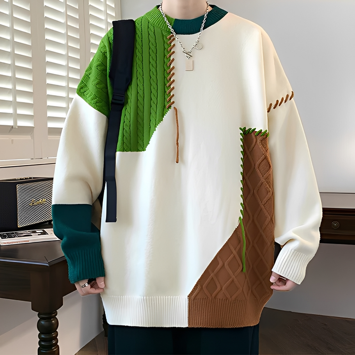 Męski sweter patchworkowy w luźnym stylu, widok z tyłu, odzież męska