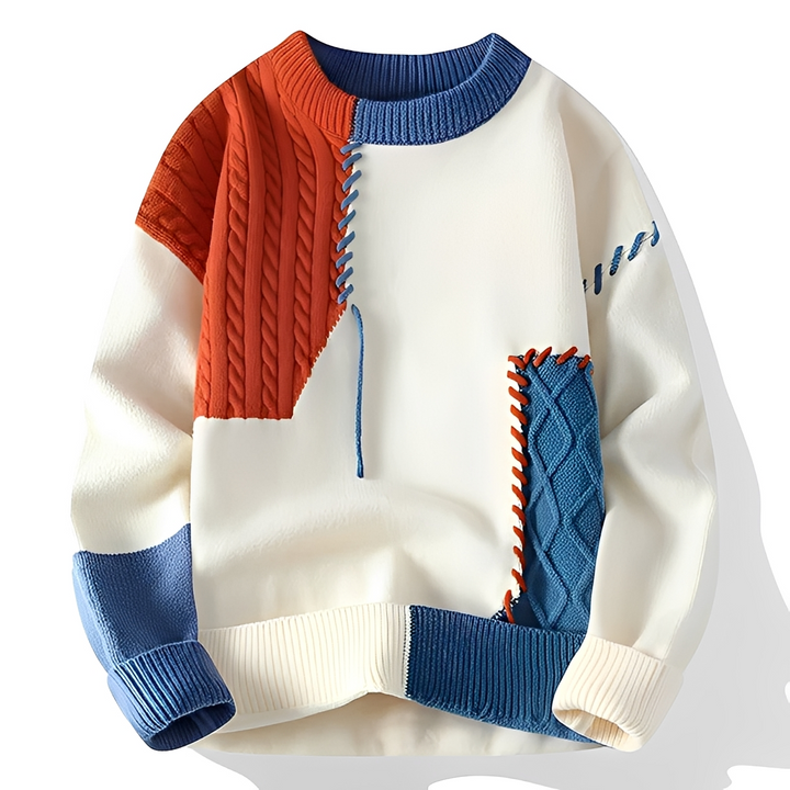 Ciepły zimowy sweter męski w modny wzór patchwork, zbliżenie materiału