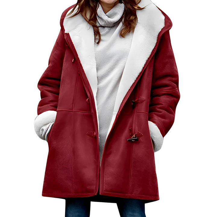 Stylowy płaszcz zimowy damski z kapturem w modnym fasonie duffle-coat