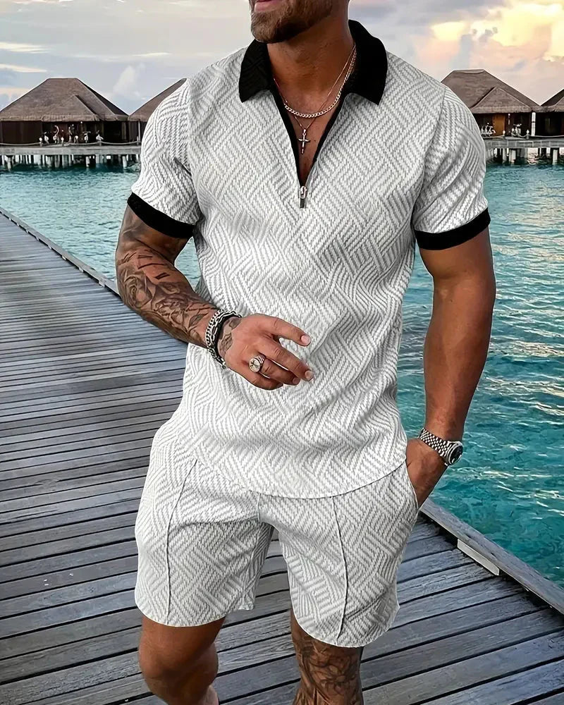Elegancki komplet męski casual, koszulka polo i szorty, odzież na co dzień