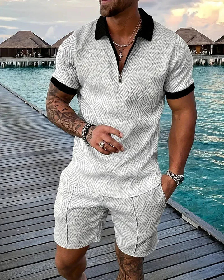Elegancki komplet męski casual, koszulka polo i szorty, odzież na co dzień