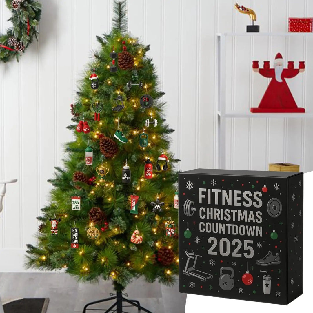 Zbliżenie na akrylowy kalendarz adwentowy fitness, widoczne okienka z numerami na 24 dni.