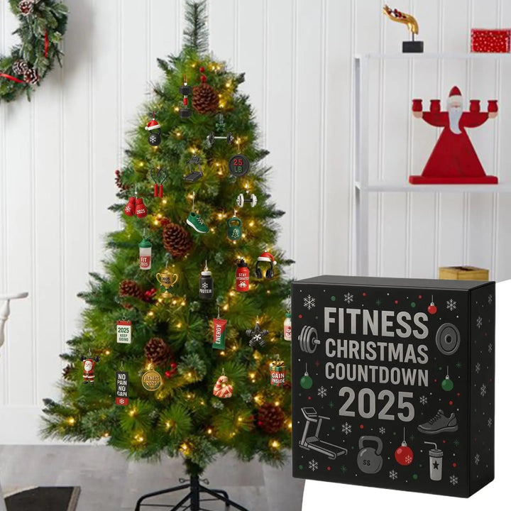 Zbliżenie na akrylowy kalendarz adwentowy fitness, widoczne okienka z numerami na 24 dni.