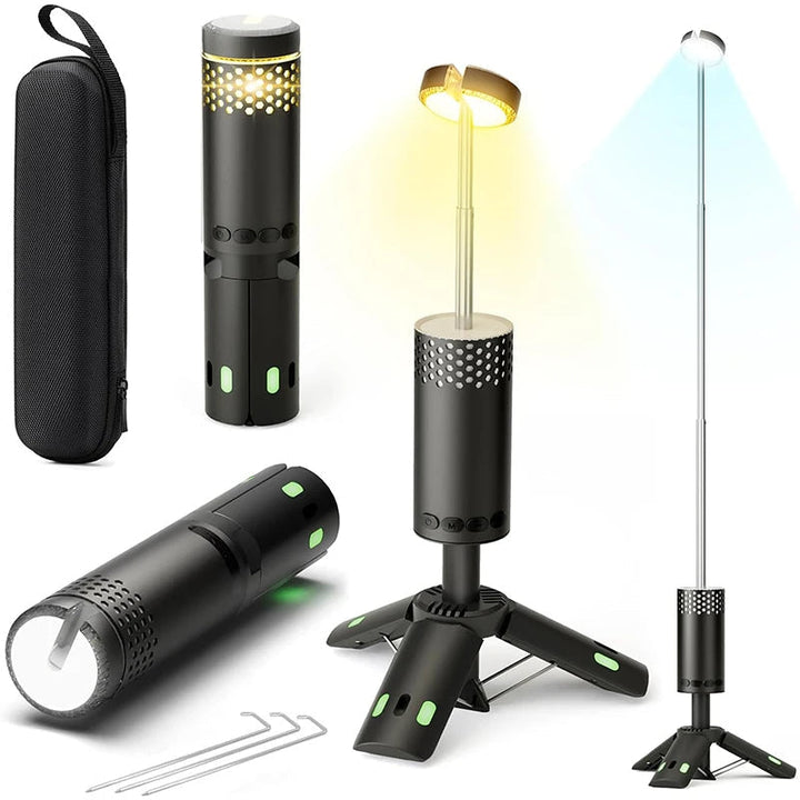 Przenośna lampa turystyczna LED ze statywem, zasilana akumulatorem, do użytku outdoor.