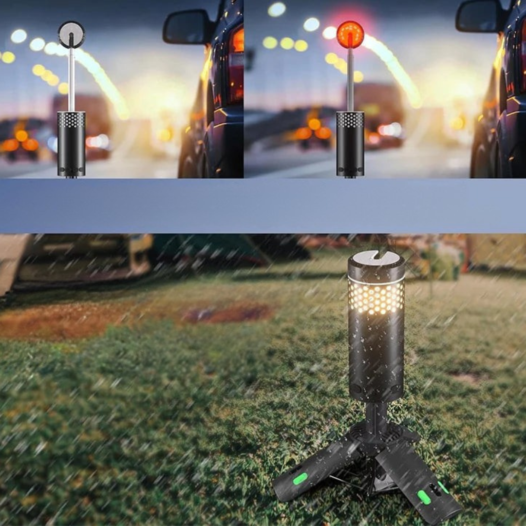 Jasna lampa LED kempingowa na stabilnym statywie, z powerbankiem, do oświetlenia pola namiotowego.