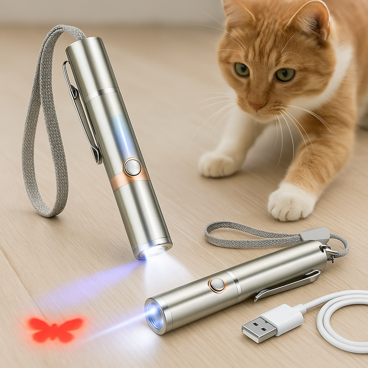 Akumulatorowa laserowa zabawka dla kota z wieloma wzorami świetlnymi. Interaktywna rozrywka dla zwierząt.