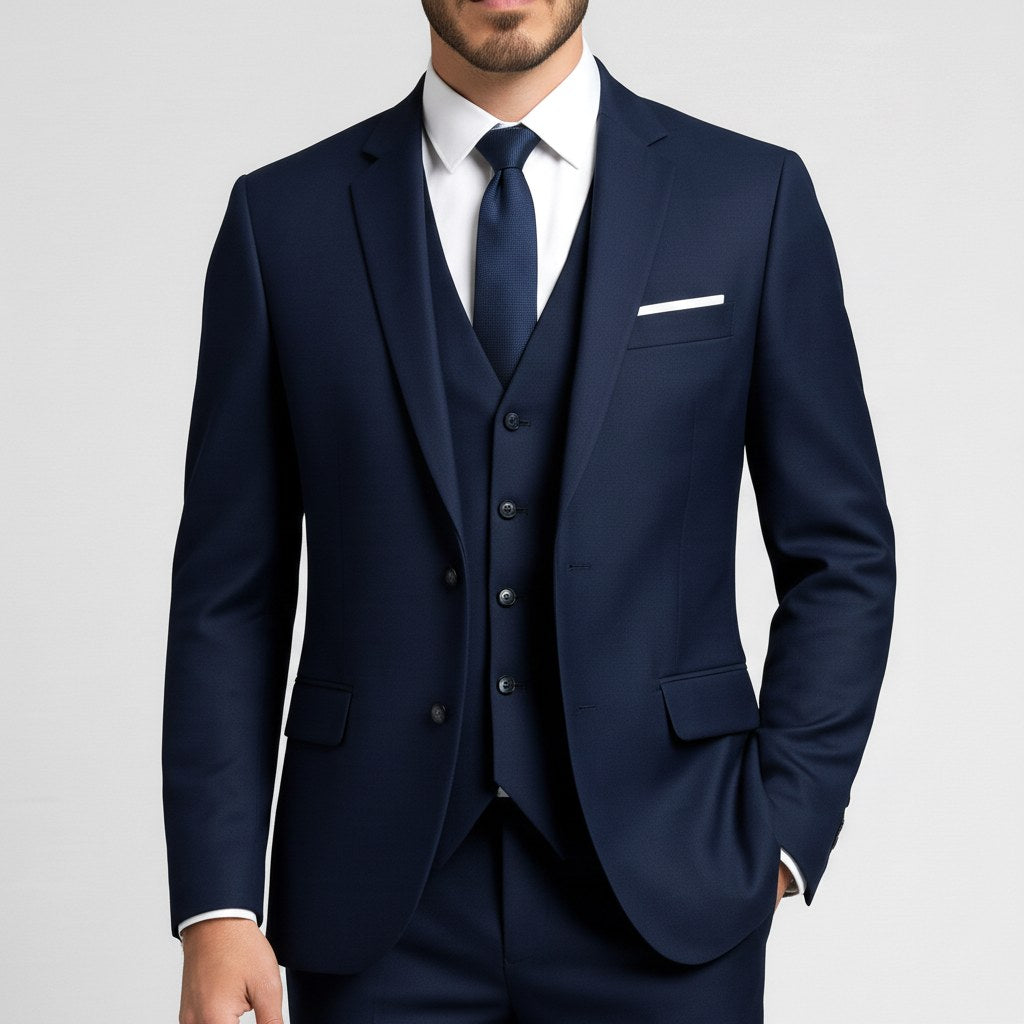 Szary garnitur męski trzyczęściowy, nowoczesny fason slim fit