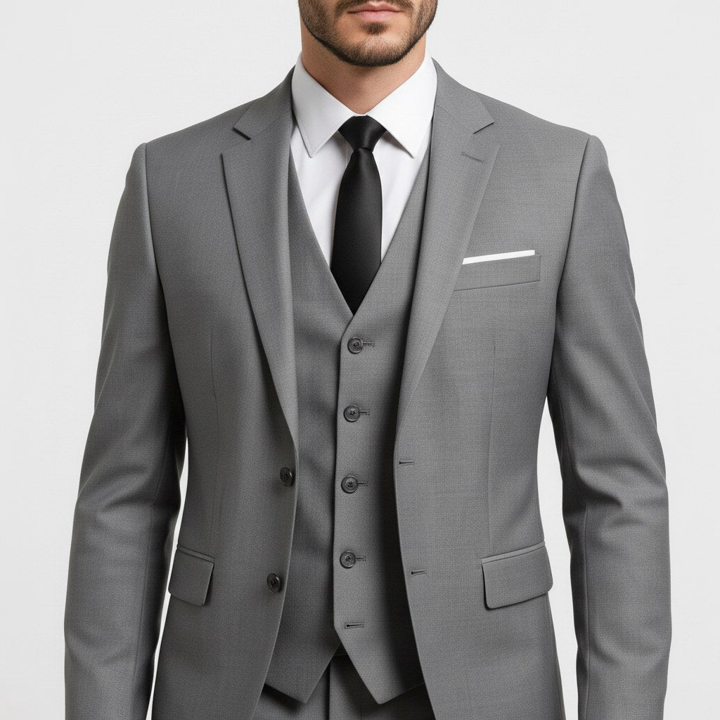 Tył eleganckiego garnituru męskiego trzyczęściowego w kolorze czarnym
