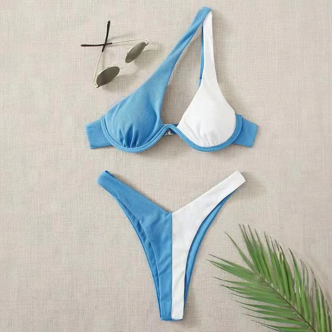 Dwuczęściowy strój kąpielowy bikini asymetryczny dla kobiet. Stylowy, dwukolorowy design, idealny na plażę.