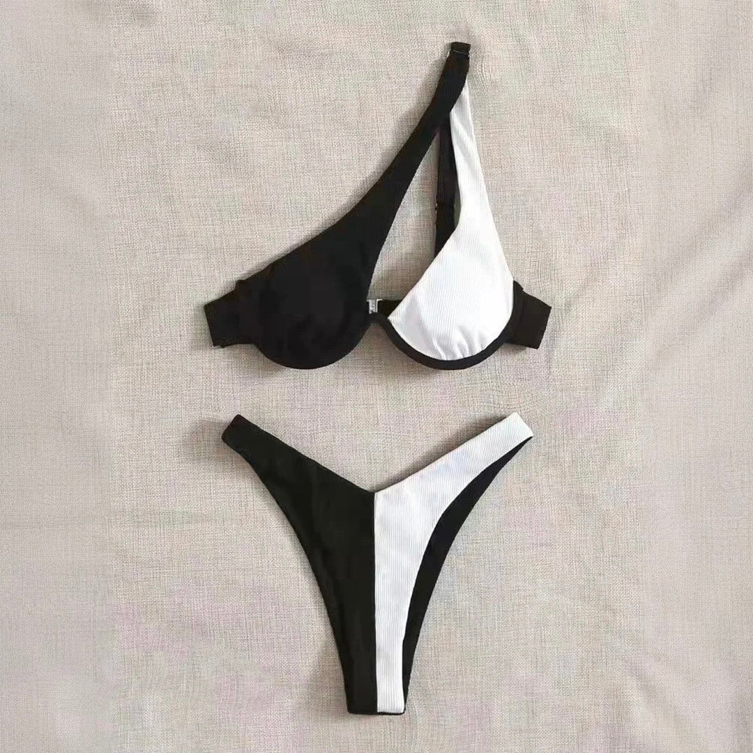 Damski asymetryczny strój kąpielowy bikini. Dwukolorowy komplet na lato, usztywniany, komfortowa moda plażowa.