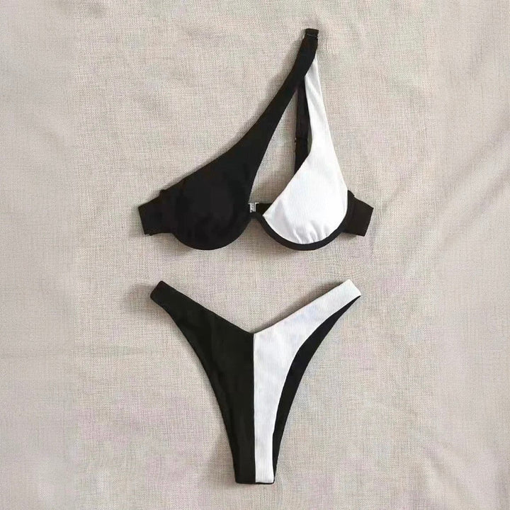 Damski asymetryczny strój kąpielowy bikini. Dwukolorowy komplet na lato, usztywniany, komfortowa moda plażowa.