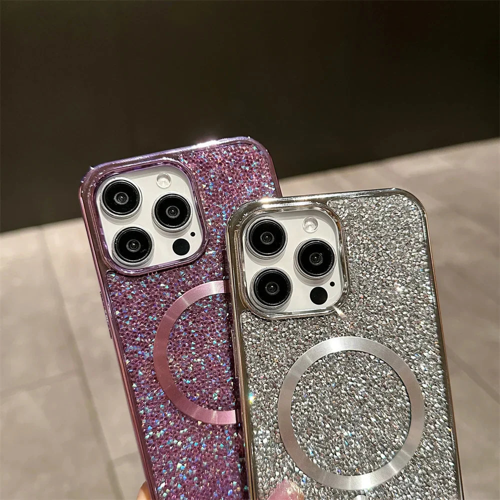 Stylowe brokatowe etui magnetyczne do iPhone'a. Elegancki futerał zapewnia pełną ochronę smartfona.