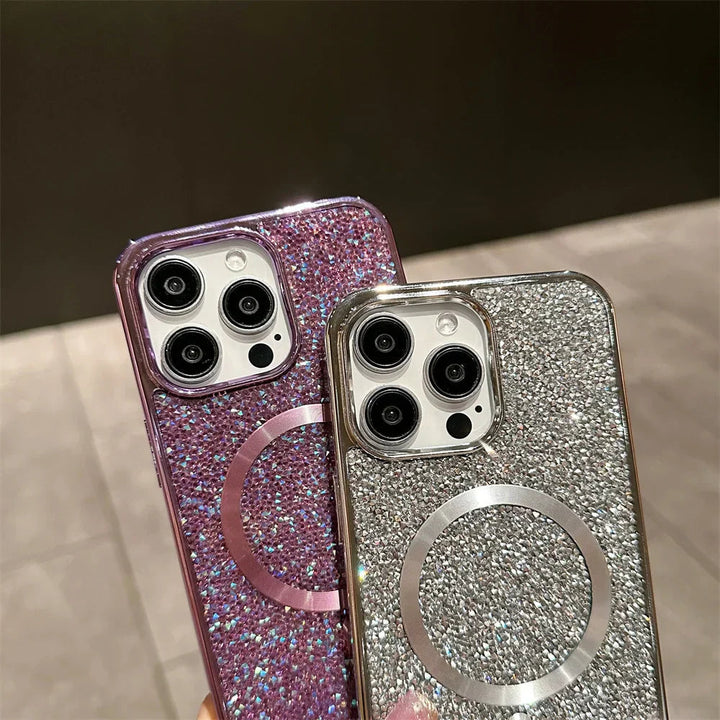 Stylowe brokatowe etui magnetyczne do iPhone'a. Elegancki futerał zapewnia pełną ochronę smartfona.