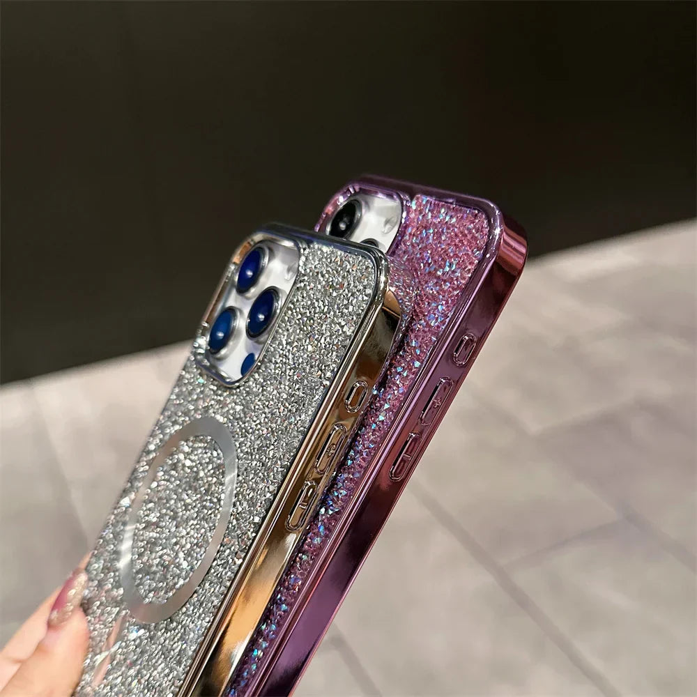 Lśniące brokatowe etui magnetyczne dla iPhone'a. Modne akcesorium ochronne, idealne dla kobiet.