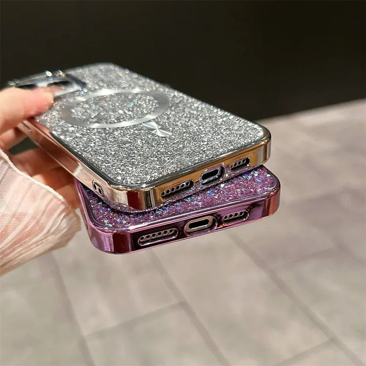 Odporne magnetyczne etui z brokatem na iPhone'a. Wytrzymały pokrowiec zapewnia bezpieczeństwo telefonu.