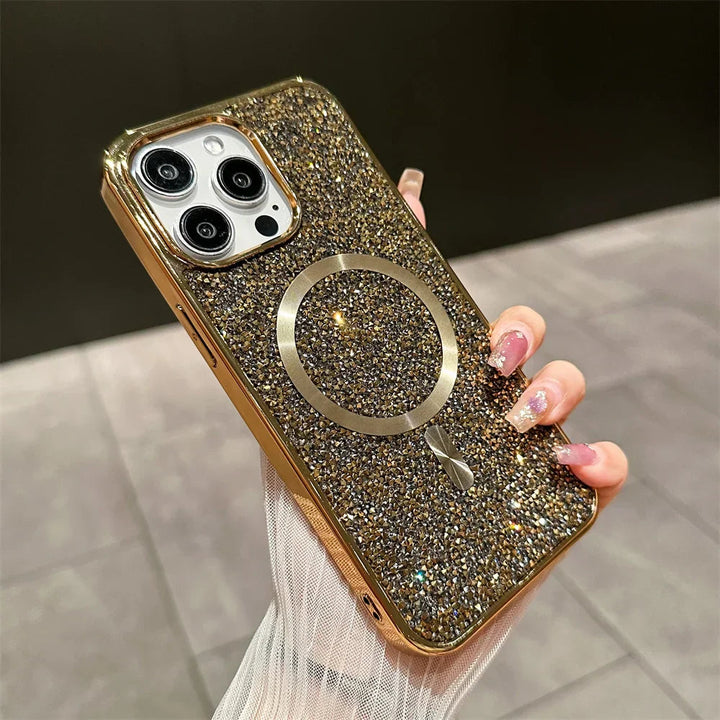 Błyszczące magnetyczne etui na iPhone'a. Futerał z brokatem, ochrona telefonu, idealne dopasowanie, styl.