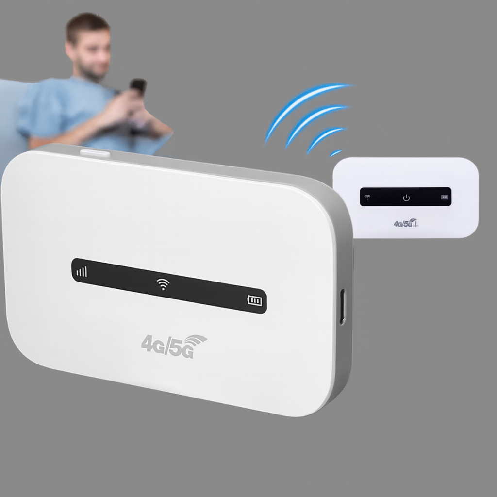 Mężczyzna korzystający ze smartfona w pobliżu przenośnego routera Wi-Fi