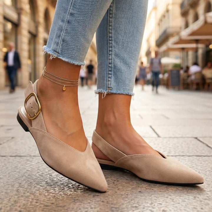 Eleganckie brązowe baleriny damskie slingback ze szpiczastym noskiem