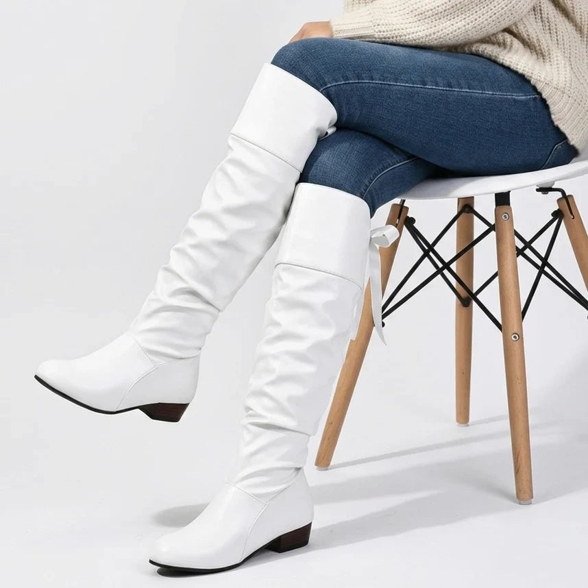 Długie buty zimowe damskie z elegancką, marszczoną cholewką