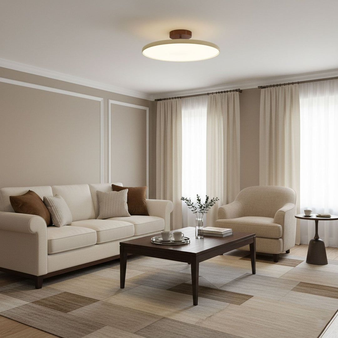Beżowa nowoczesna lampa LED sufitowa, smukła, designerska do salonu.