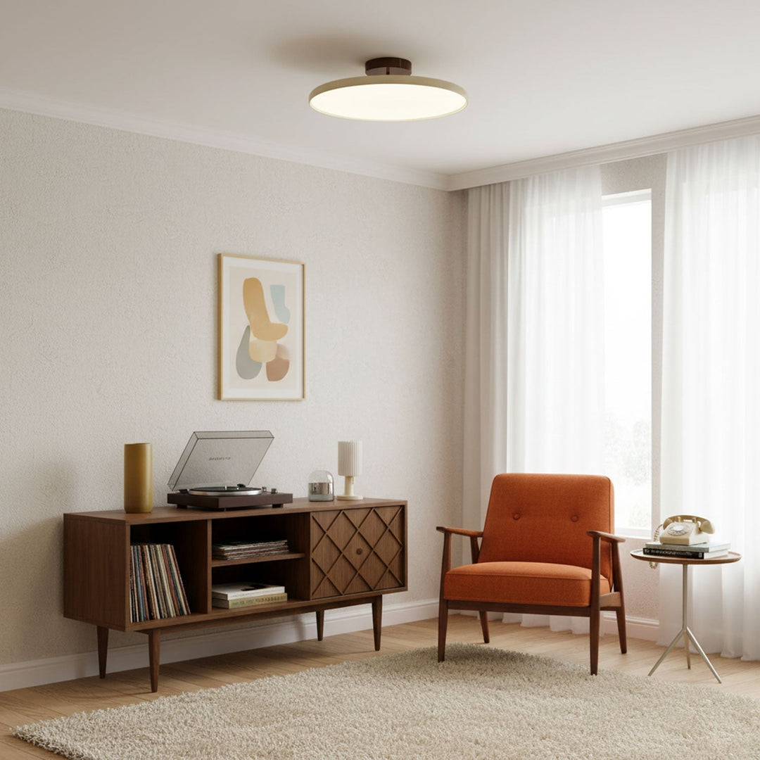 Zielona nowoczesna lampa LED sufitowa, smukła, designerska do salonu.
