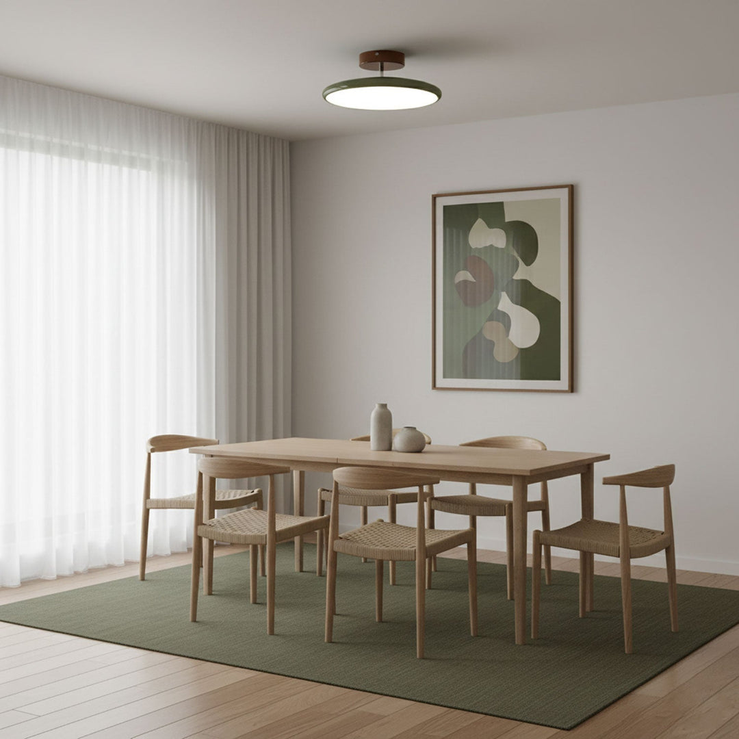 Beżowa okrągła lampa LED natynkowa, regulacja światła do kuchni.