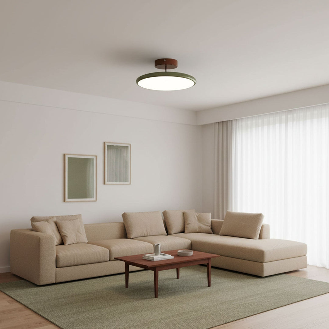 Zielona okrągła lampa LED natynkowa, regulacja światła do kuchni.