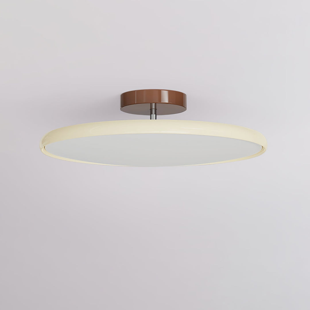 Beżowa lampa sufitowa LED, natynkowa, okrągła, smukła, do salonu.