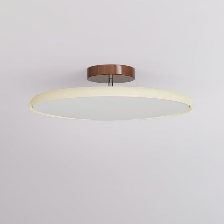 Beżowa lampa sufitowa LED, natynkowa, okrągła, smukła, do salonu.