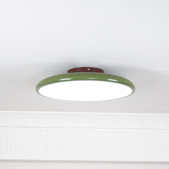 Beżowa lampa sufitowa LED, natynkowa, okrągła, smukła, do kuchni.