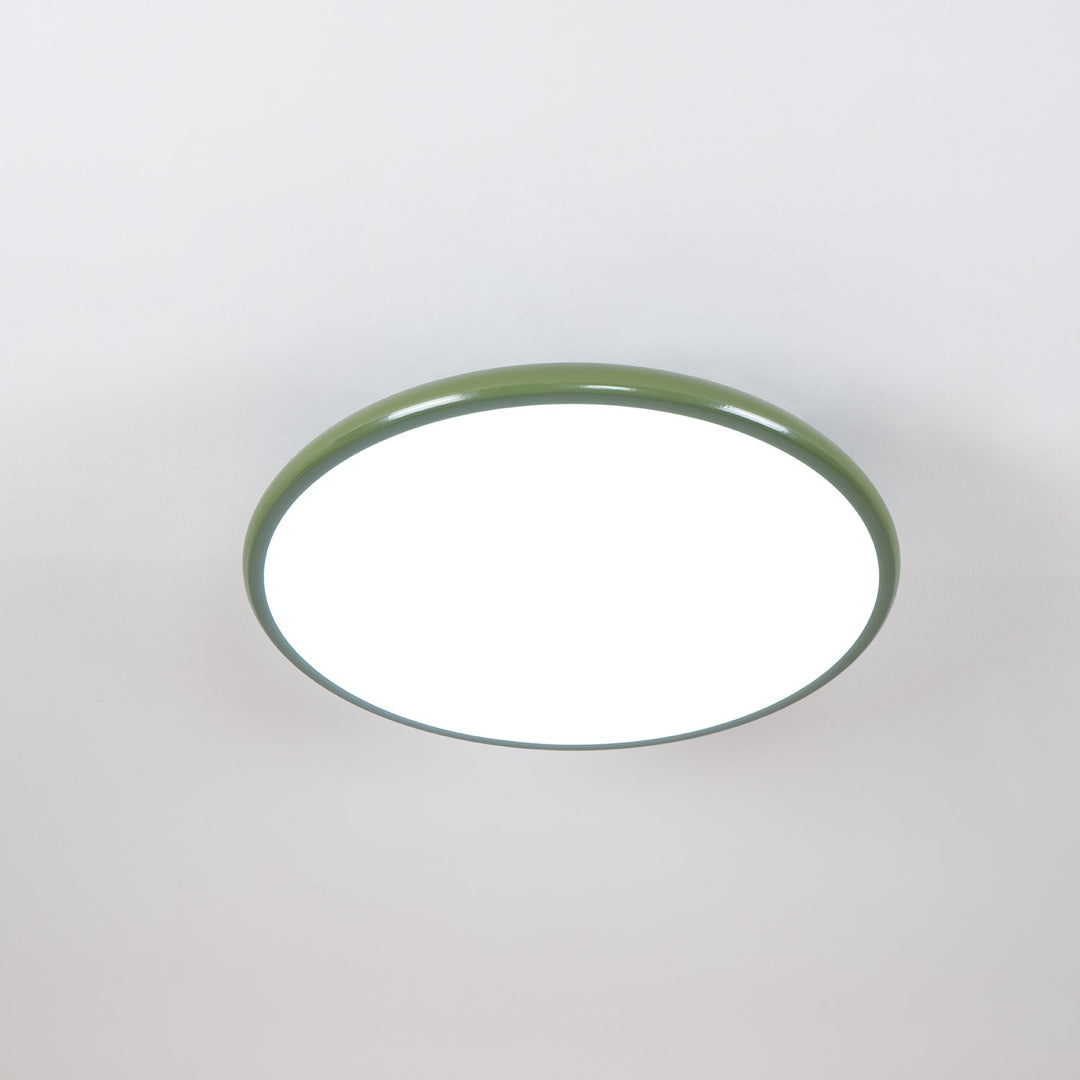 Zielona lampa sufitowa LED, natynkowa, okrągła, smukła, do korytarza.