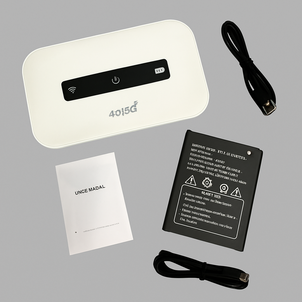 Zestaw z routerem Wi-Fi, kablem USB-C, instrukcją obsługi oraz akumulatorem