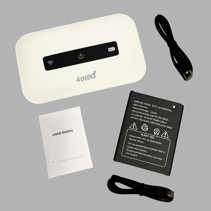 Zestaw z routerem Wi-Fi, kablem USB-C, instrukcją obsługi oraz akumulatorem