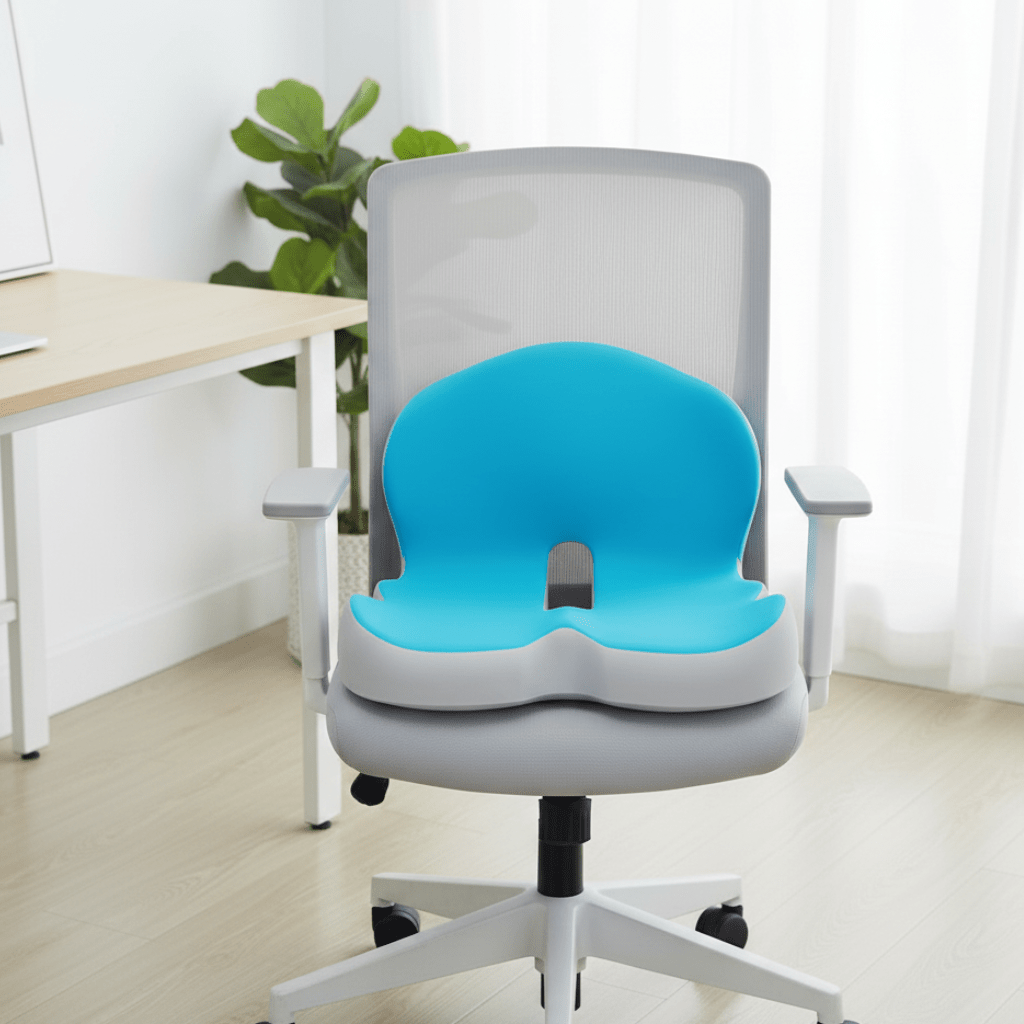 Niebieska ergonomiczna poduszka lędźwiowa umieszczona na fotelu biurowym