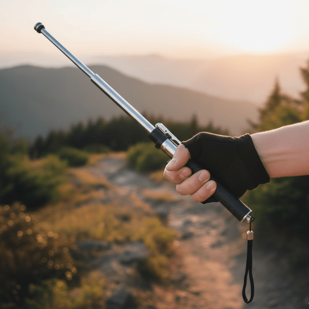 Osoba trzymająca rozłożony kij trekkingowy na szlaku