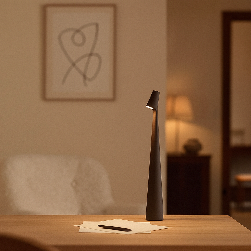 Elegancka, przenośna lampa stołowa LED, bezprzewodowa, do nowoczesnych wnętrz i dekoracji.