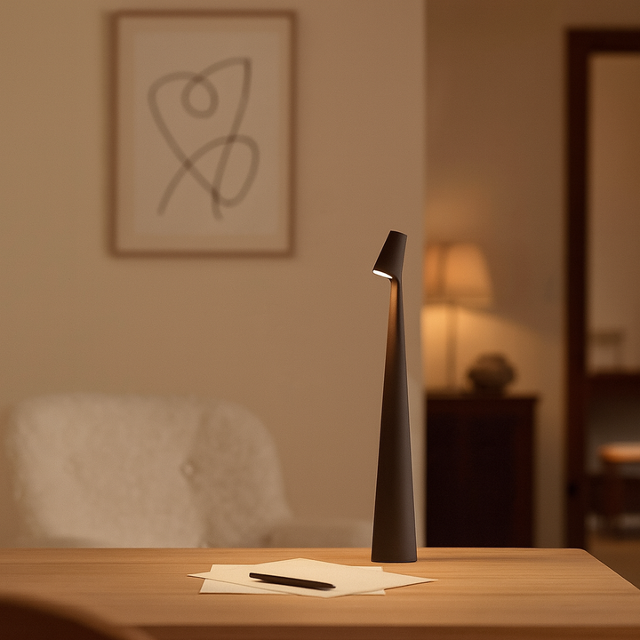 Elegancka, przenośna lampa stołowa LED, bezprzewodowa, do nowoczesnych wnętrz i dekoracji.