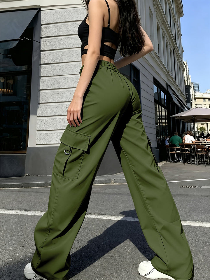 Damskie spodnie streetwear z wysokim stanem, tył