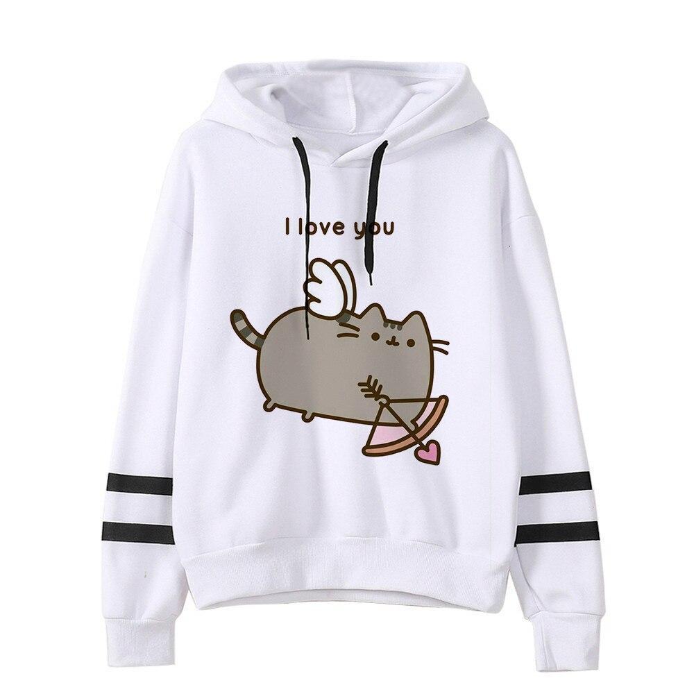 Biała damska bluza nierozpinana z nadrukiem kota Pusheen, idealna do luźnych stylizacji.