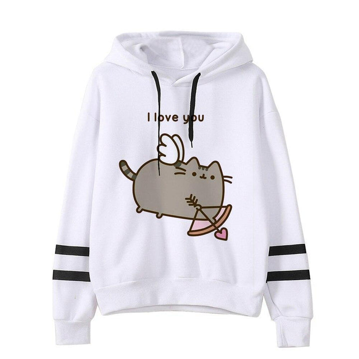 Biała damska bluza nierozpinana z nadrukiem kota Pusheen, idealna do luźnych stylizacji.