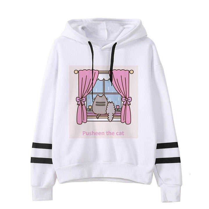 Damska biała bluza nierozpinana z nadrukiem kota Pusheen. Wygodna, casualowa.