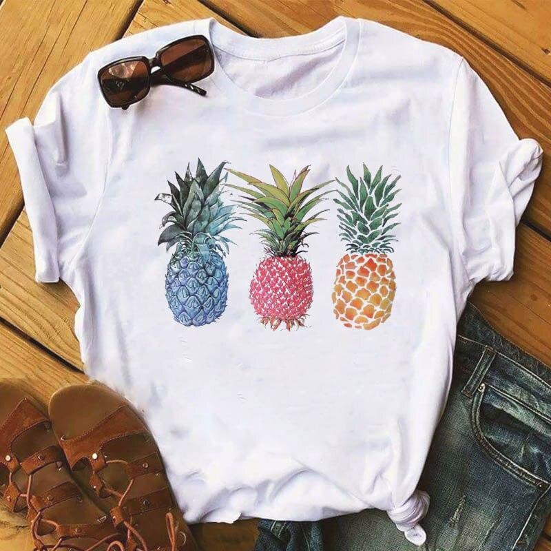 Biała damska koszulka T-shirt z modnym owocowym nadrukiem, idealna na lato i wakacje, luźny krój casual.