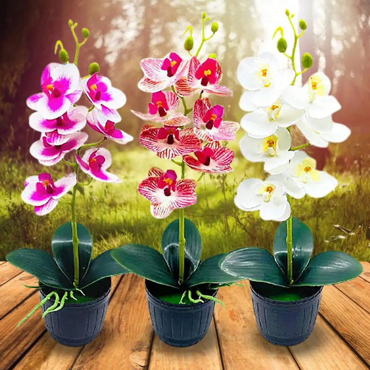 Biała sztuczna orchidea w doniczce, idealna jako dekoracja domu.