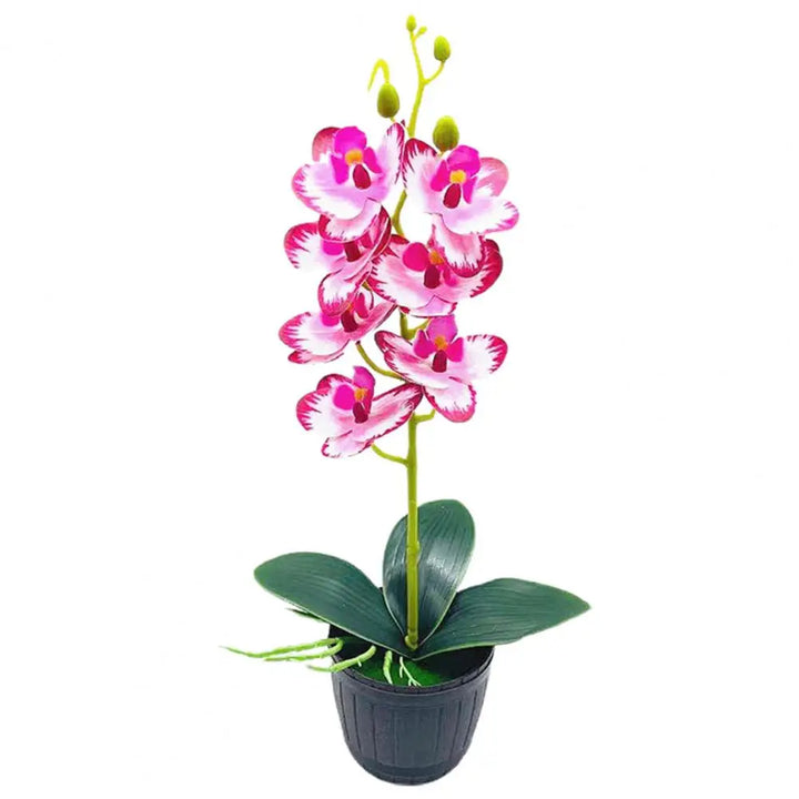 Trwała sztuczna orchidea, białe płatki, zielone liście, dekoracja wnętrz.