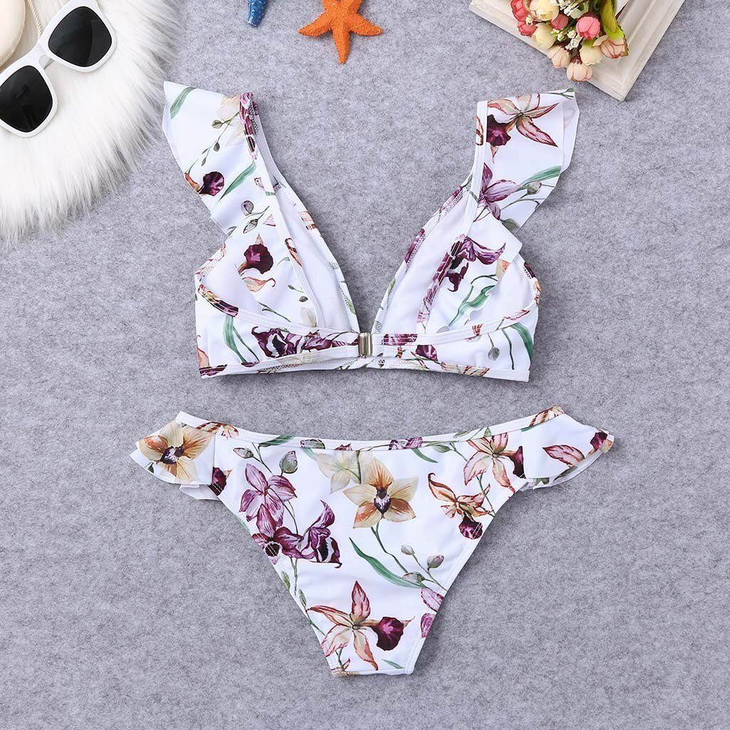 Dwuczęściowy kostium kąpielowy bikini dla kobiet z falbankami i kwiatowym wzorem. Na lato.