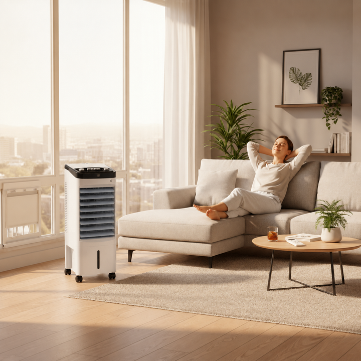 Biały przenośny klimator 3w1 do domu, wentylator i nawilżacz. Idealny do chłodzenia pokoju. Model mobilny.