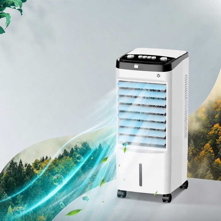 Kompaktowy klimator przenośny 3w1 na biurku, chłodzenie i nawilżanie powietrza. Nowoczesny design do domu i pokoju.