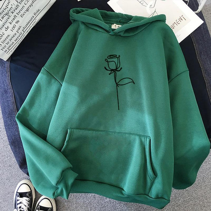 Bluza damska z kapturem, modna, z eleganckim motywem róży. Idealna do casualowych stylizacji, komfortowa.